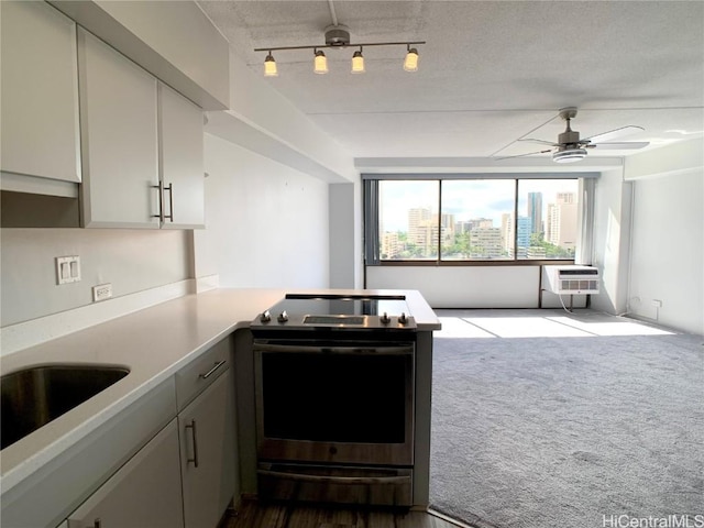 kitchen with electric range, ceiling fan, a textured ceiling, track lighting, and carpet