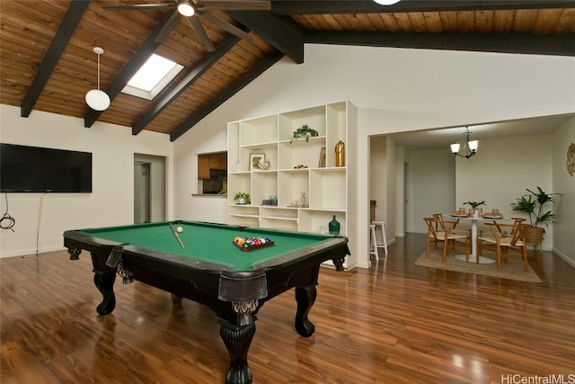 recreation room featuring high vaulted ceiling, dark hardwood / wood-style flooring, ceiling fan, wooden ceiling, and beam ceiling