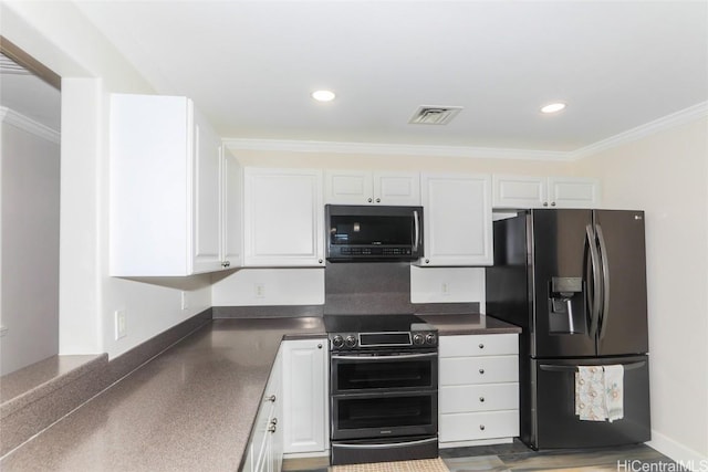 kitchen featuring refrigerator with ice dispenser, white cabinetry, stainless steel electric stove, and crown molding