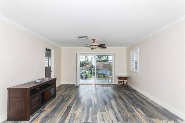 unfurnished living room featuring crown molding, dark hardwood / wood-style flooring, and ceiling fan