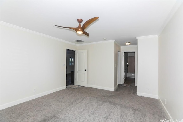 unfurnished bedroom with light carpet, ceiling fan, and crown molding