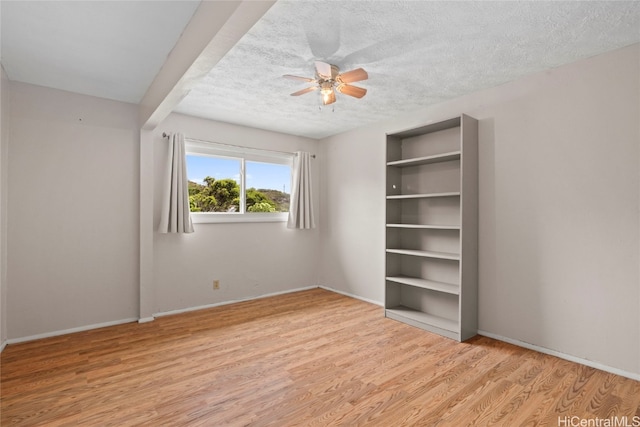 unfurnished bedroom with ceiling fan, light hardwood / wood-style flooring, and a textured ceiling