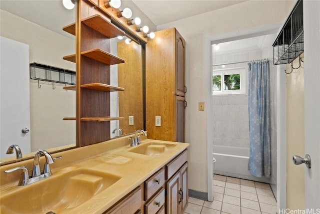 bathroom featuring tile patterned floors, vanity, and shower / bathtub combination with curtain