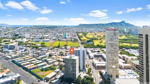 drone / aerial view featuring a mountain view