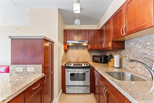 kitchen featuring sink, tasteful backsplash, light tile patterned floors, light stone counters, and electric stove