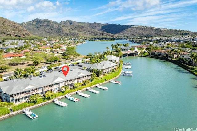 aerial view with a water and mountain view