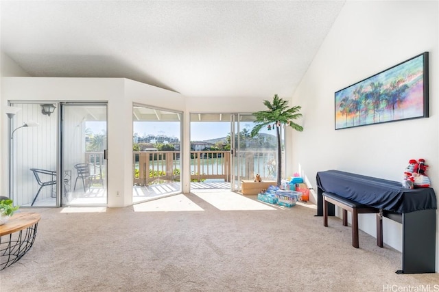 interior space featuring light carpet, a textured ceiling, a water view, and lofted ceiling