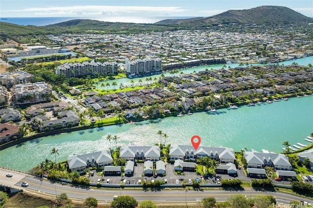 aerial view with a water and mountain view