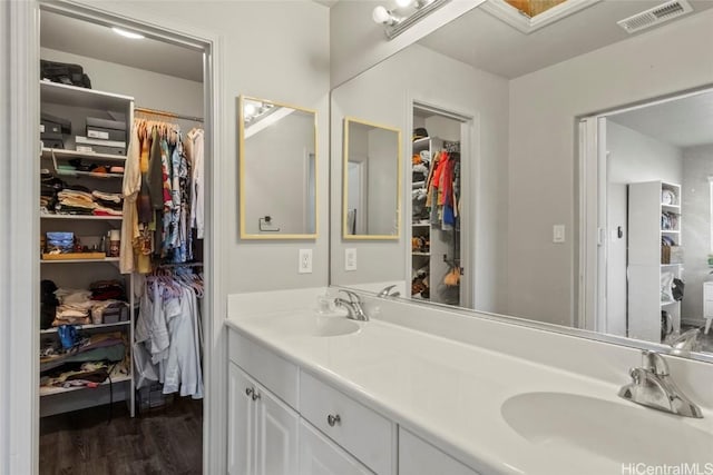 bathroom with hardwood / wood-style floors and vanity