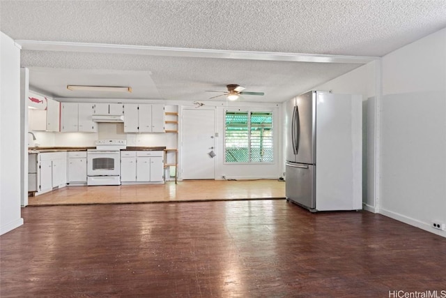 kitchen featuring ceiling fan, white electric range, white cabinetry, a textured ceiling, and stainless steel fridge