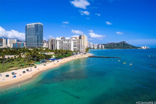 property view of water featuring a city view and a view of the beach