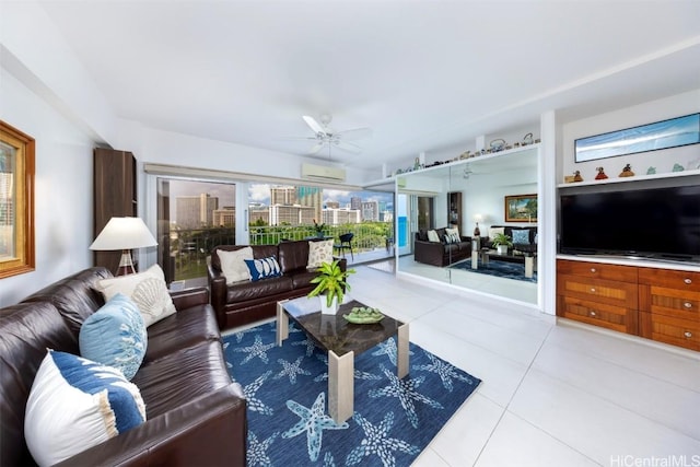 living room with ceiling fan, a wall mounted air conditioner, and light tile patterned floors