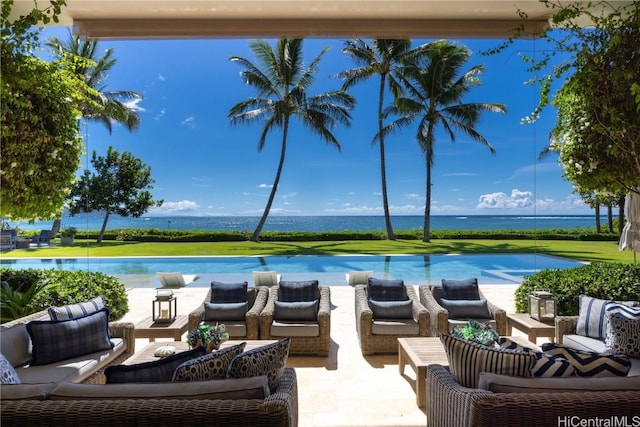 view of pool featuring a water view