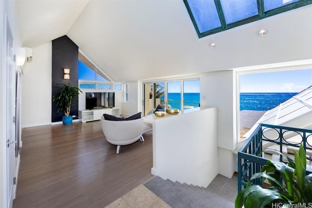 living room with vaulted ceiling with skylight and wood-type flooring