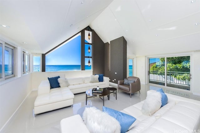 living room featuring light tile patterned flooring and lofted ceiling