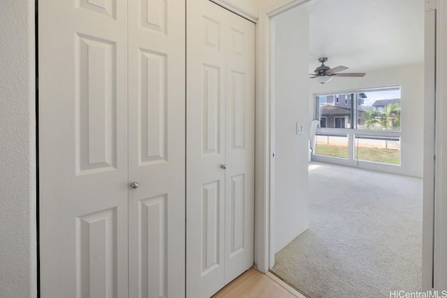 hall featuring light colored carpet