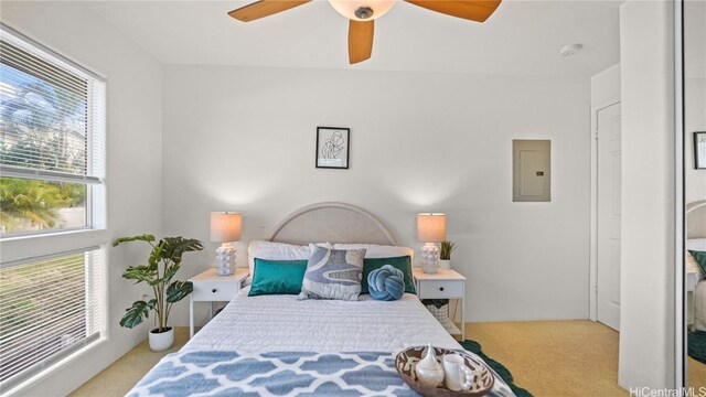 carpeted bedroom featuring electric panel and ceiling fan