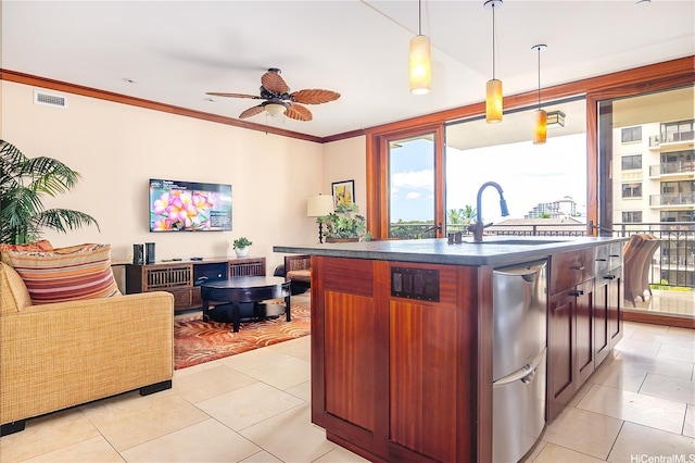 92-104 Waialii Pl Unit O523, Kapolei, HI 96707 - kitchen featuring dark countertops, a ceiling fan, dishwasher, light tile patterned flooring, and hanging light fixtures