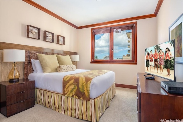 bedroom featuring light carpet and crown molding