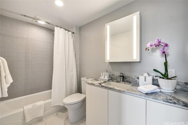 full bathroom featuring vanity, toilet, and shower / tub combo with curtain