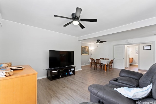 living room with ceiling fan and wood-type flooring