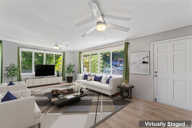 living room with ceiling fan and light hardwood / wood-style floors