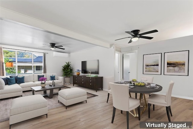 living room with beamed ceiling, ceiling fan, light wood-type flooring, and an AC wall unit