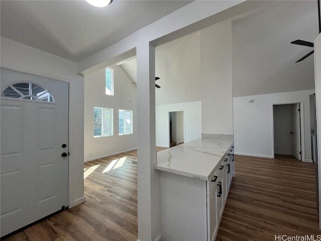 foyer entrance with dark wood-type flooring, ceiling fan, and high vaulted ceiling