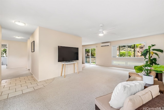 living room with light carpet, an AC wall unit, and ceiling fan