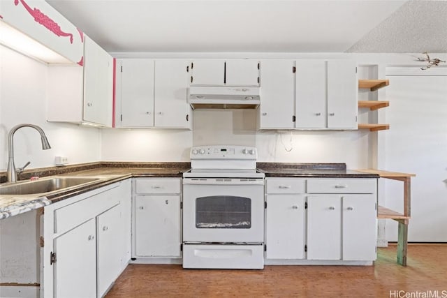 kitchen featuring sink, electric range, white cabinets, and light hardwood / wood-style flooring