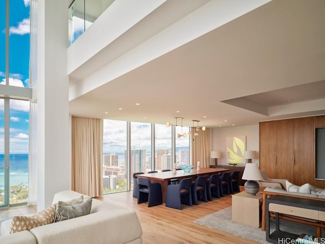 living room featuring light hardwood / wood-style floors and an inviting chandelier