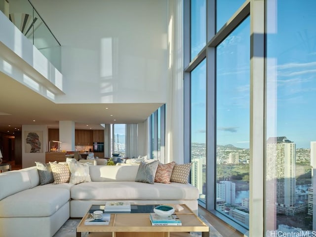 living room with a high ceiling and light hardwood / wood-style floors