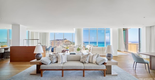 living room featuring light hardwood / wood-style flooring, a water view, and a wall of windows