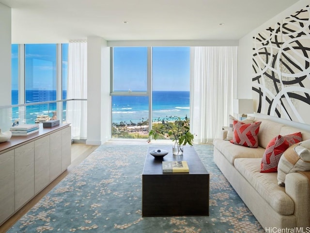 living room with a water view and light hardwood / wood-style flooring