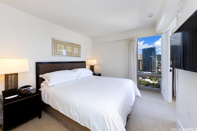 bedroom featuring light colored carpet