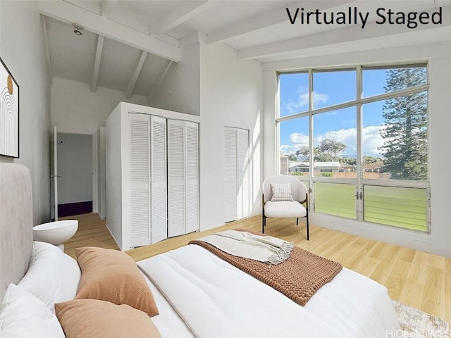 bedroom featuring hardwood / wood-style floors, beam ceiling, high vaulted ceiling, and multiple closets