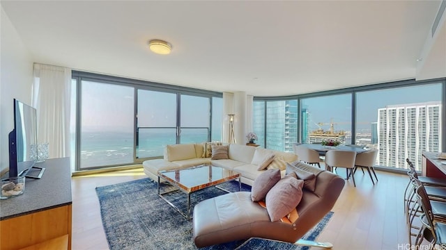 living room with a wealth of natural light, light hardwood / wood-style flooring, and a water view