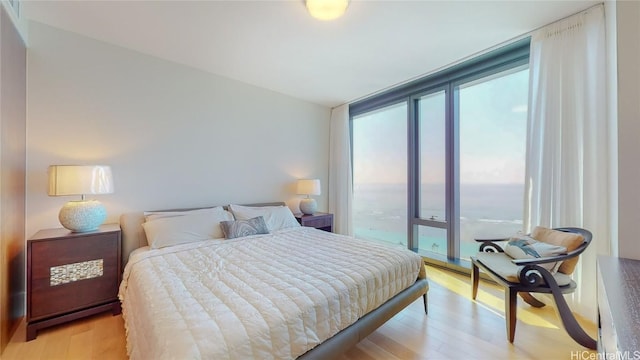 bedroom with expansive windows and light hardwood / wood-style floors