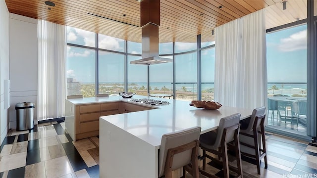 interior space featuring wood ceiling, island range hood, light brown cabinets, a water view, and stainless steel gas stovetop