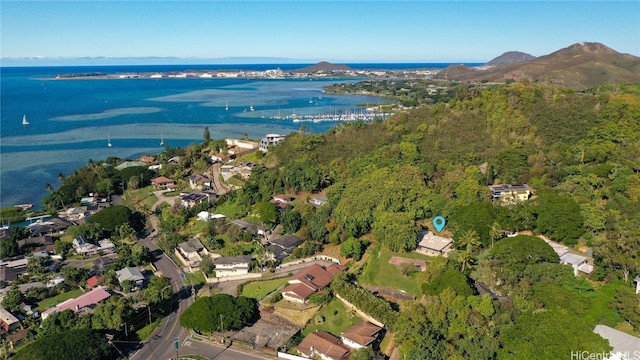 bird's eye view featuring a water and mountain view