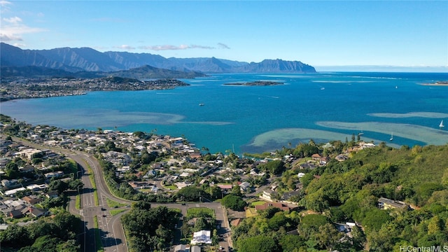 bird's eye view featuring a water and mountain view