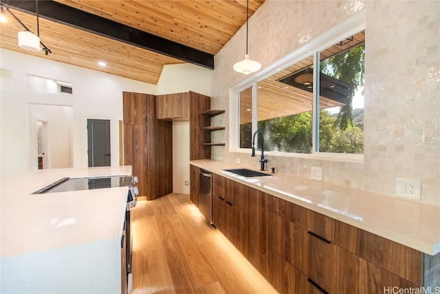 kitchen with pendant lighting, wooden ceiling, light hardwood / wood-style flooring, stainless steel dishwasher, and decorative backsplash