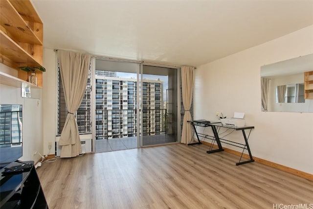 spare room featuring floor to ceiling windows and light hardwood / wood-style flooring