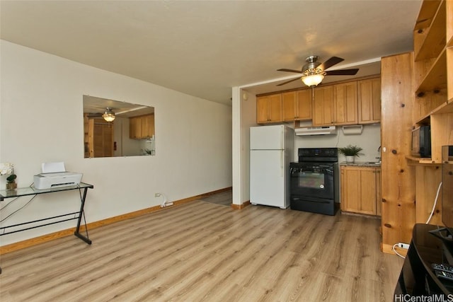 kitchen with black range, white refrigerator, light wood-type flooring, and ceiling fan