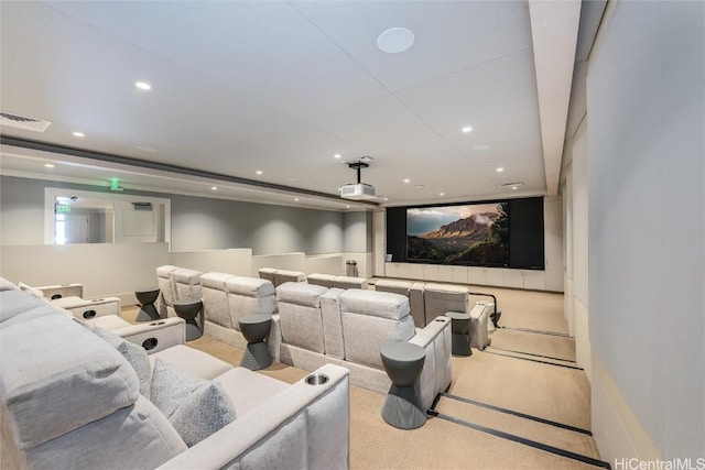 home theater with light colored carpet