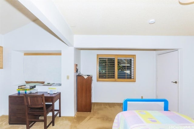 carpeted bedroom with a textured ceiling and vaulted ceiling