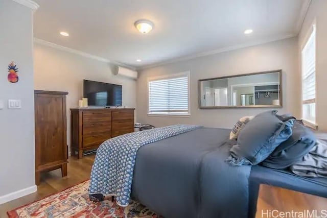 bedroom featuring multiple windows and ornamental molding