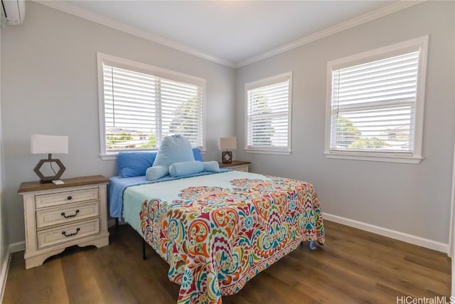 bedroom featuring crown molding, dark hardwood / wood-style flooring, and a wall mounted AC