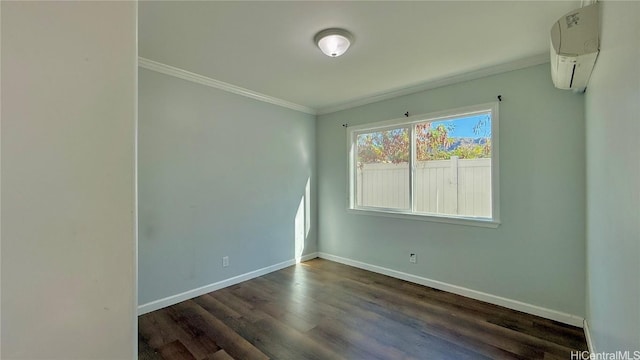 unfurnished room with crown molding, a wall mounted AC, and dark hardwood / wood-style flooring