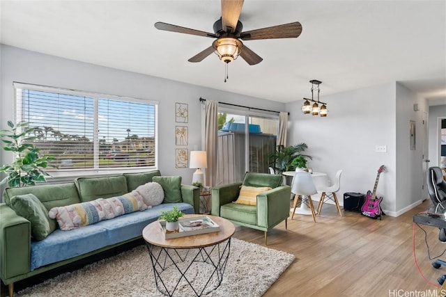 living room featuring ceiling fan with notable chandelier and light hardwood / wood-style floors